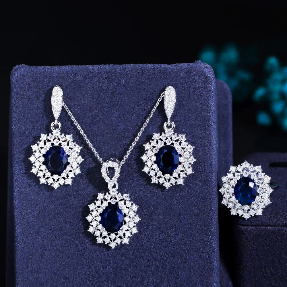 Outstanding Multicolor Blue CZ Stone 3 Pcs Ring Earrings and Necklace Jewelry Set for Women's Costume Wedding Accessories