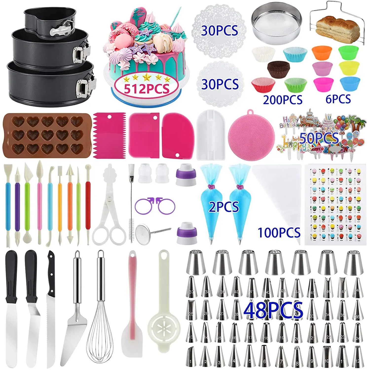 

512Pcs Cake Decorating Kit with Non-Slip Cake Turntable Baking Supplies Baking Set for Beginners and Cake Lovers, White