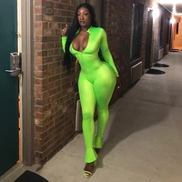 

Neon Green Fitness Reflective Ruffled Hem Flared Leg Women Sexy Tight Bodycon Jumpsuits 2019