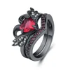 Red Heart Commitment Engagement Ring Set Vintage Angel Wings Wedding Ring Female Black Gold Filled Birthstone Jewelry Best Gift