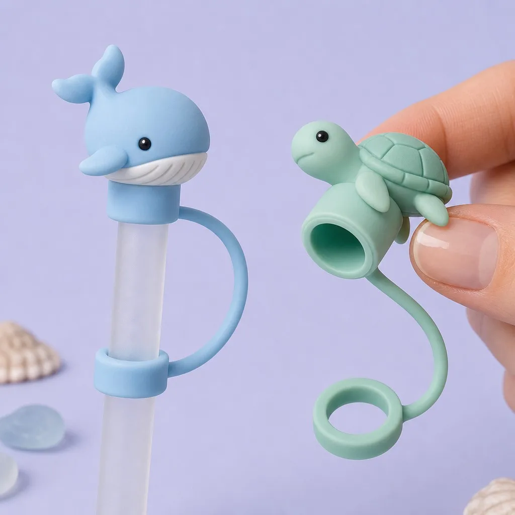 Sea Turtle and Whale Silicone Straw Covers Inner Cavity and Flexible Tether Ring