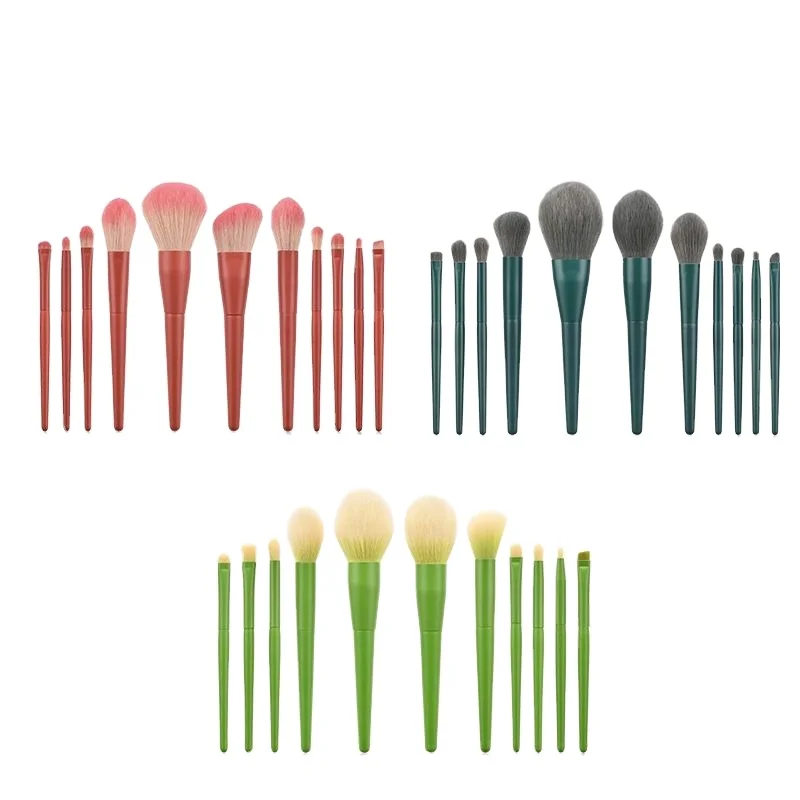 

HZM 11Pcs Candy Customized grassroots private label Fan Powder Eye Private Label cosmetics luxury custom makeup brushes Set, Red, green, grey