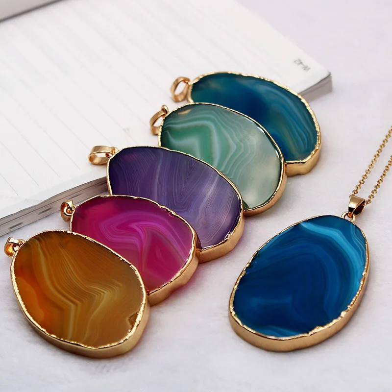 

Wholesale Natural Colored Agate Tablet Pendant Agate Slice Pendant Raw Stone Electroplated Necklace DIY Sweater Pendant Necklace, Green, purple, white, black, blue, red,etc.