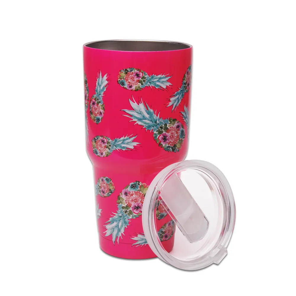 

30oz Pink Pineapple Floral Cup Shopping Travel Hiking Mug Stainless Steel Double Walled Tumbler With Lid DOM113-1175