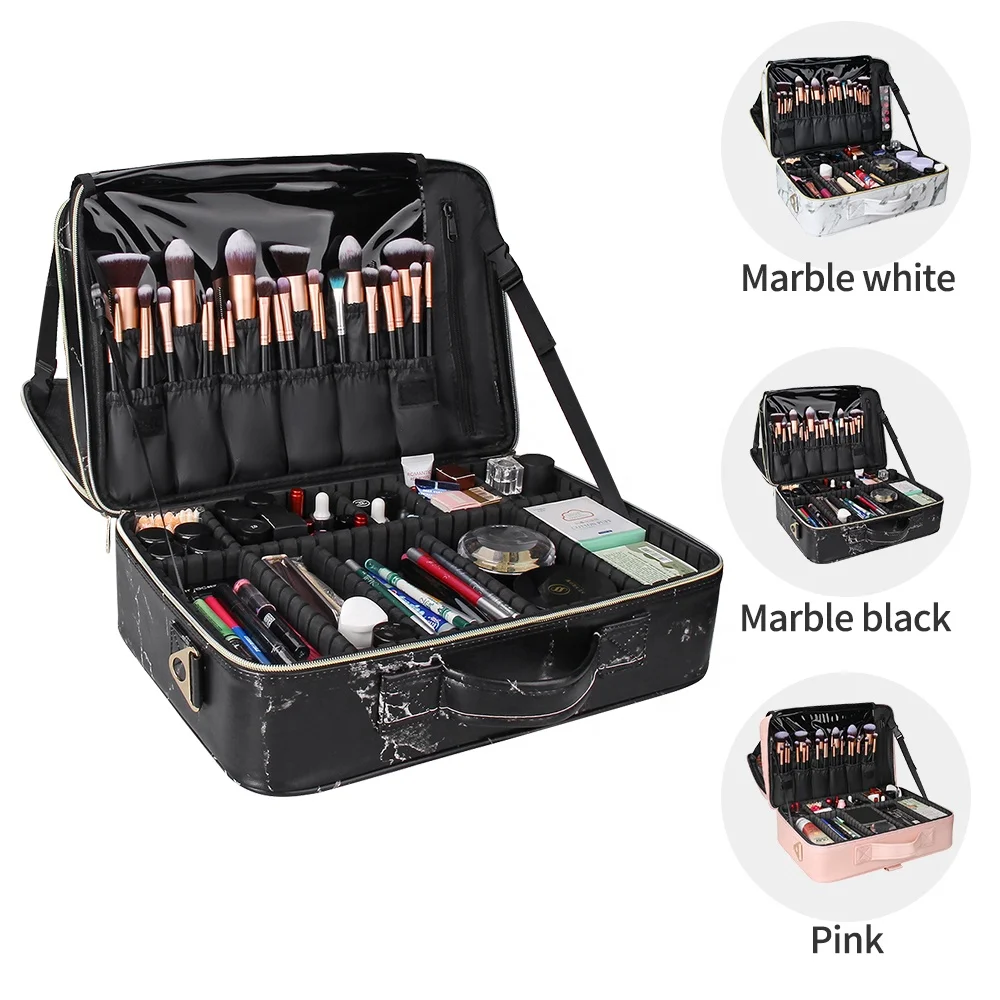 

Dropshipping Relavel New Professional 3 Layers Large Portable Waterproof Makeup Brush Travel Case, Marble black