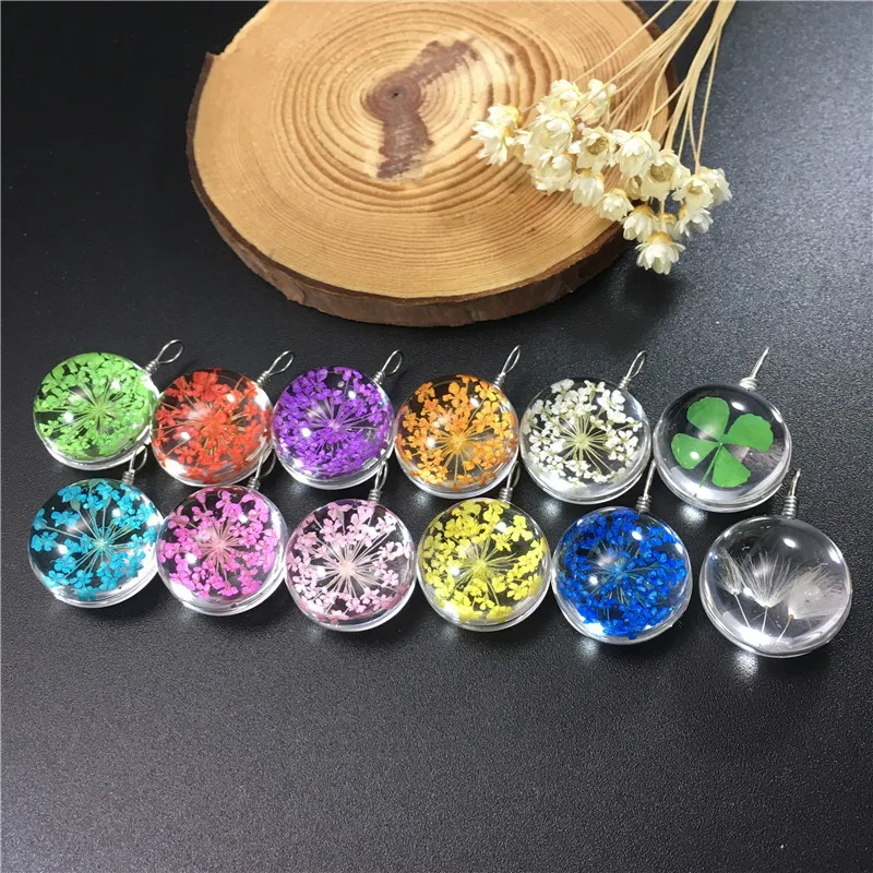 

Fashion Crystal Ball Dandelion Clover Necklace Plant flower Pendant Leather Chain Necklace For Girlfriend Gift, Blue,green