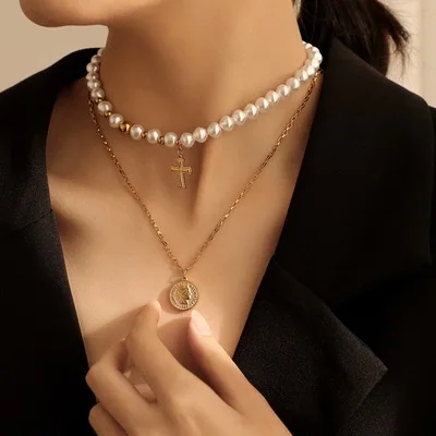 

Best Selling Stainless Steel Baroque Pearl Layered Coin Pendant Necklace Double Layer Pearl Cross Necklace For Women