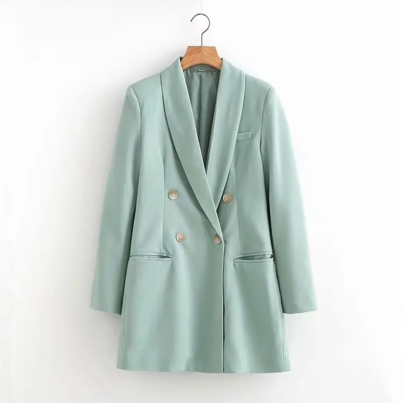 

Color Women Loose Blazer Double Button Suit Blazer Green R40009S Fashion Long Clothing Woman Women Fleece Cotton Shell Thin T/T, As picture