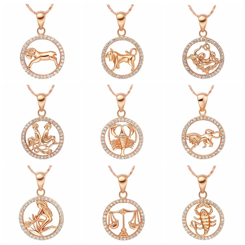 

Wholesale Inlay Diamond Rose Gold Plated Necklace 12 Horoscope Zodiac Sign Pendant Necklace, Picture shows