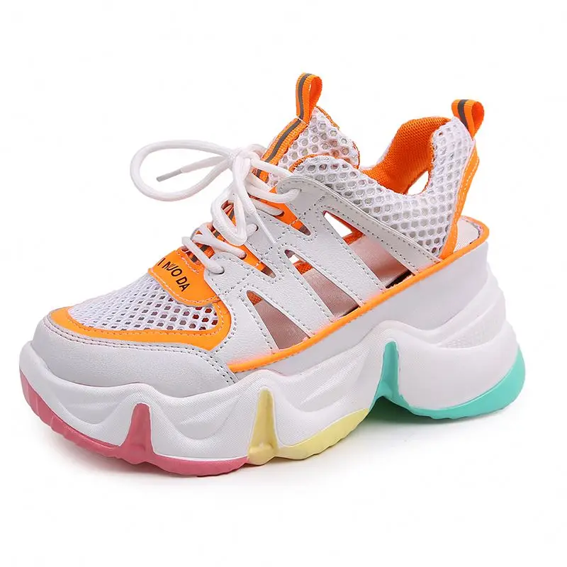 

2020 Summer Sandals Women Sneakers Mesh Casual Platform Trainers Shoes 8CM Heels Shoes Female Rainbow Cutout Ladies Sneakers