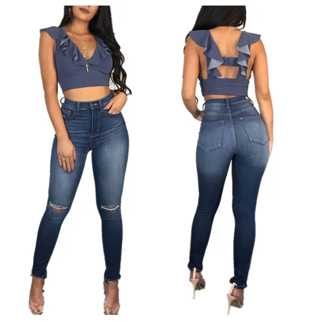 

New Ripped High waist Denim Skinny Stretch Women Jeans, Blue