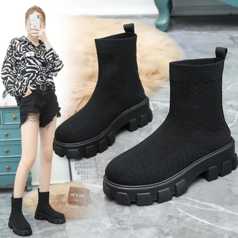

2022 Fall Winter New Couple Women Knitted Short Martin Boots Thick-soled Shoes Women's Fashion Sock Boot Botas De Mujer, As pictures