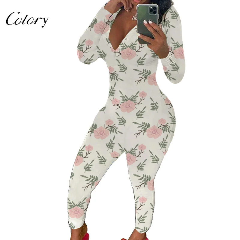 

Colory Ladies Blend With Cotton Logo Romper Sexy Flower Print Pajamas Onesie, Picture shows