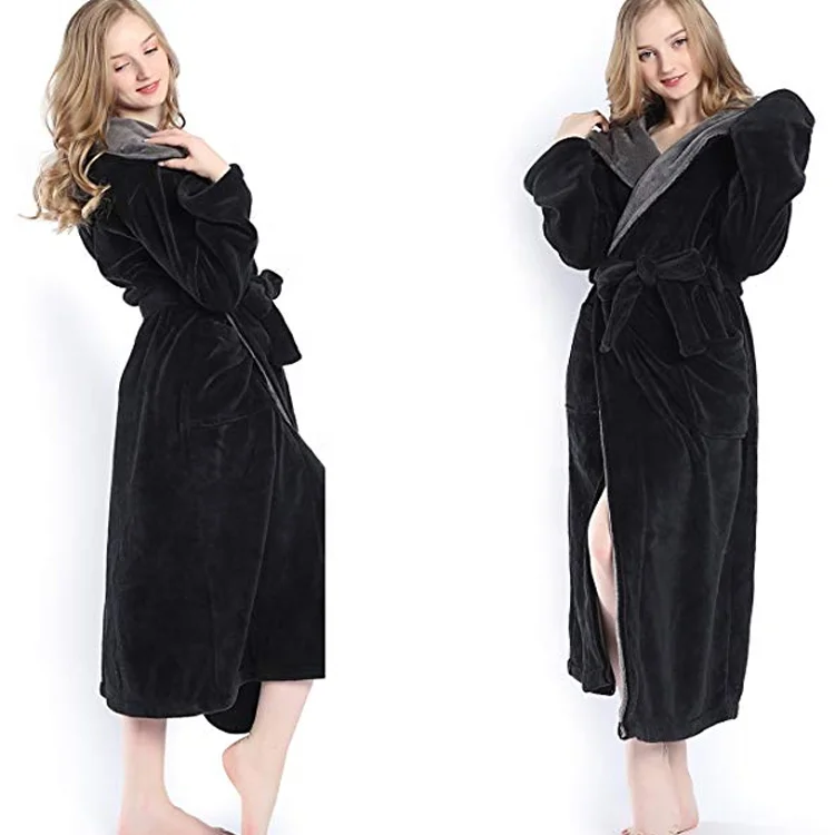 
Home Custom Bath Robe Spa Hooded Thick Pajamas Women Plush Flannel Bathrobe 