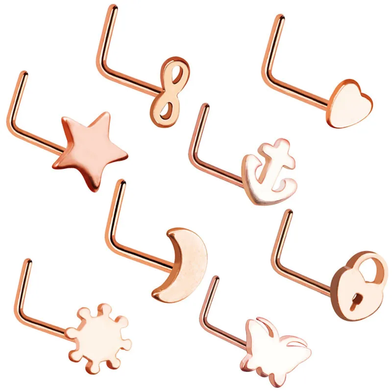 

Fashion 8pcs Stainless Steel Piercings Nose Ring L Shaped Star Moon and Sun Nose Stud Ring for women, Rose gold