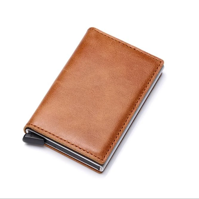 

Factory Custom Logo RFID Blocking Minimalist Aluminum Case Box Genuine Leather Pocket Wallet Real Leather Credit Card Holder, Customized