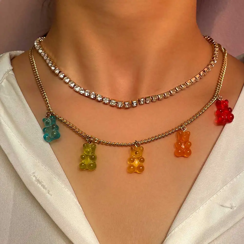 

2021 Exquisite Multi Layer Crystal Rhinestone Chain Necklace For Women Gifts Candy Color Gummy Bear Necklace, Gold plated