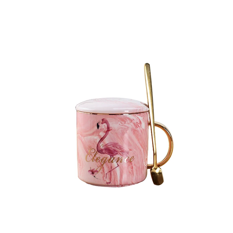 

Nordic luxury marble Flamingo ceramic cup gold handle high-end Mug students drink water, milk and coffee cup, Marbling mug