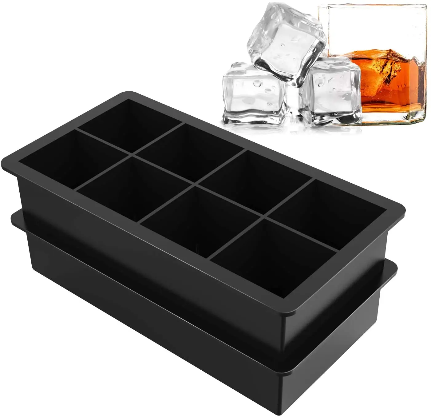 

2 Pack Large Silicone Ice Cube Trays 8 Square Cavities per Tray Ideal for Whiskey Cocktails Soups Baby Food and Frozen Treats