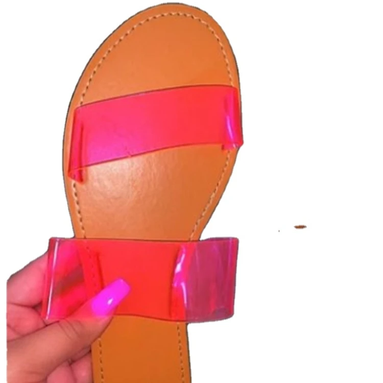 

European and American new spot color ribbon transparent slippers, women's comfortable flat one-line sandals, Picture color