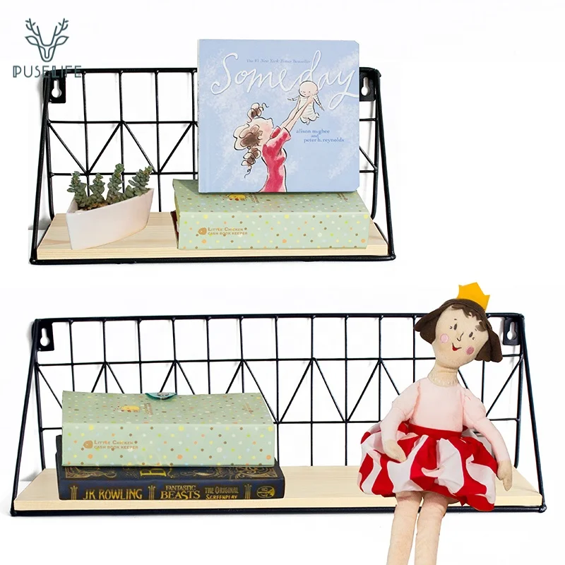 

HOT selling metal wall basket multi purpose metal Iron wooden beech iron wire mesh sundries storage wall shelf, Original wood color