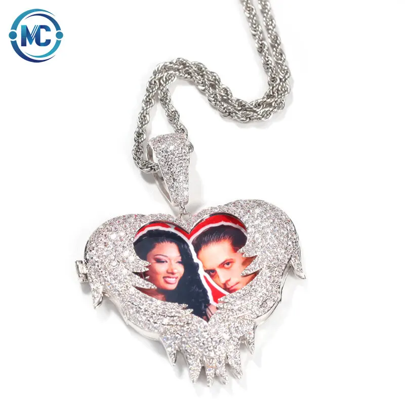 

2021 Gold Silver Cubic Zircon heart shaped Pendant custom photo Picture Frame Pendant necklace