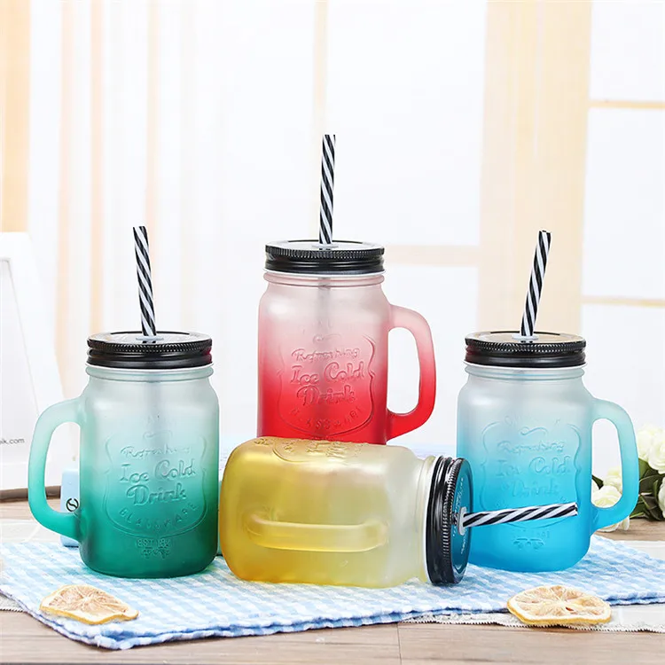

H260 Cold Drinking Jars Gifts Transparent Juice Bottle With Lid Straw Water Cup Mug Gradual Colour Change Glass Mason Jar, Multi colour
