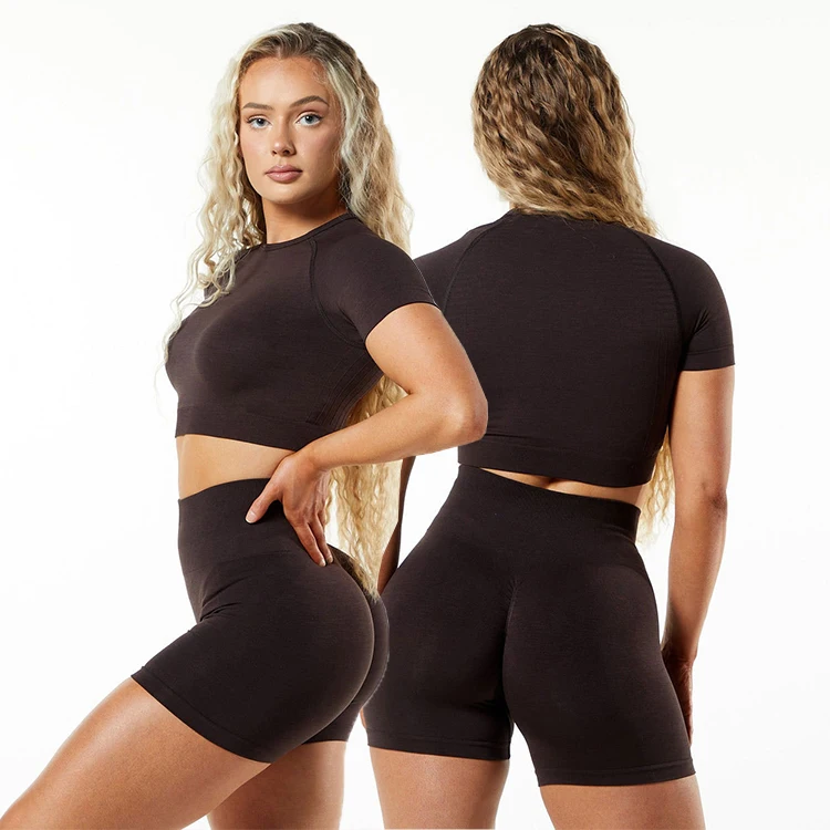 Custom Logo New Design Gym Wear Halter Strap Seamless Two Piece Yoga Short Sleeve Sets