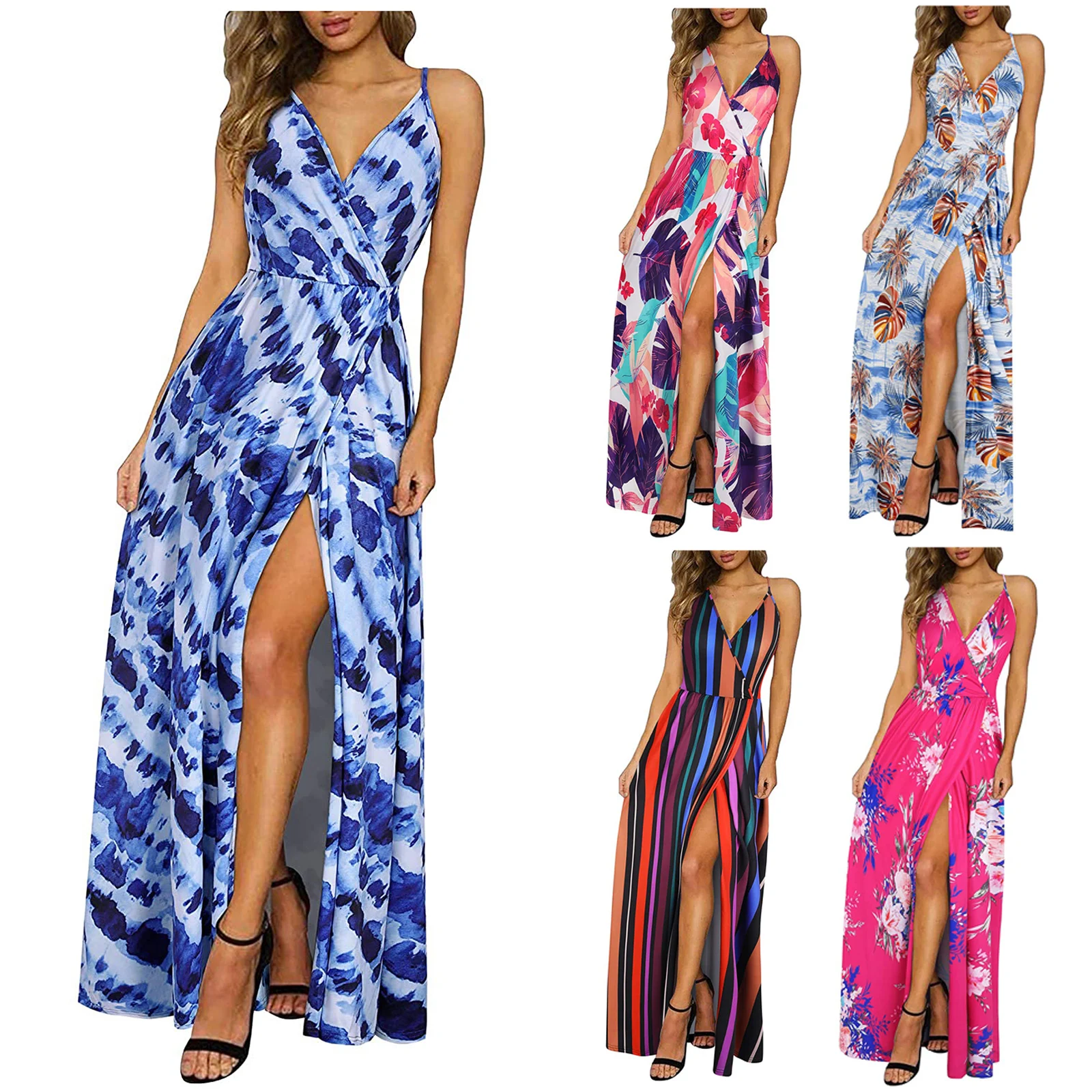 

Ummer Casual Beach Skirt Printed Suspenders Mid-Waist Floral Contrast Color Block Sexy Dress Women, Pink, orange, wine red, sky blue