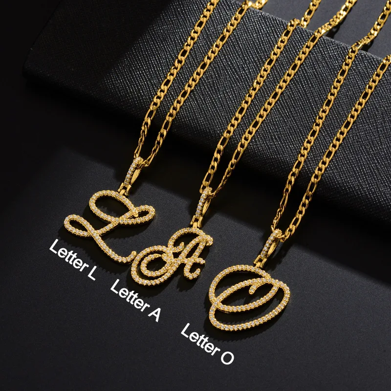 

New Hip Hop Iced Out Cubic Zircon Gold Silver Color A-Z Cursive Letter Necklace Custom Name Initial Letter Pendant Necklace