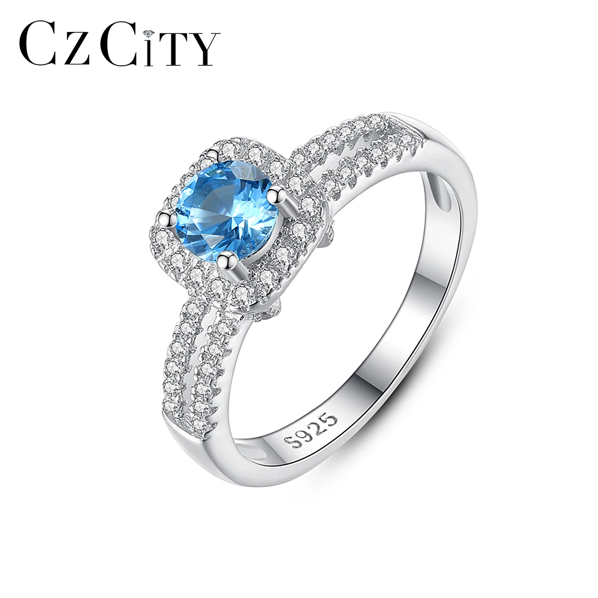 

CZCITY Women Engagement Wedding Fine Jewelry Big Round Gemstone Anel Femme Rings Genuine 925 Sterling Silver Topaz Rings