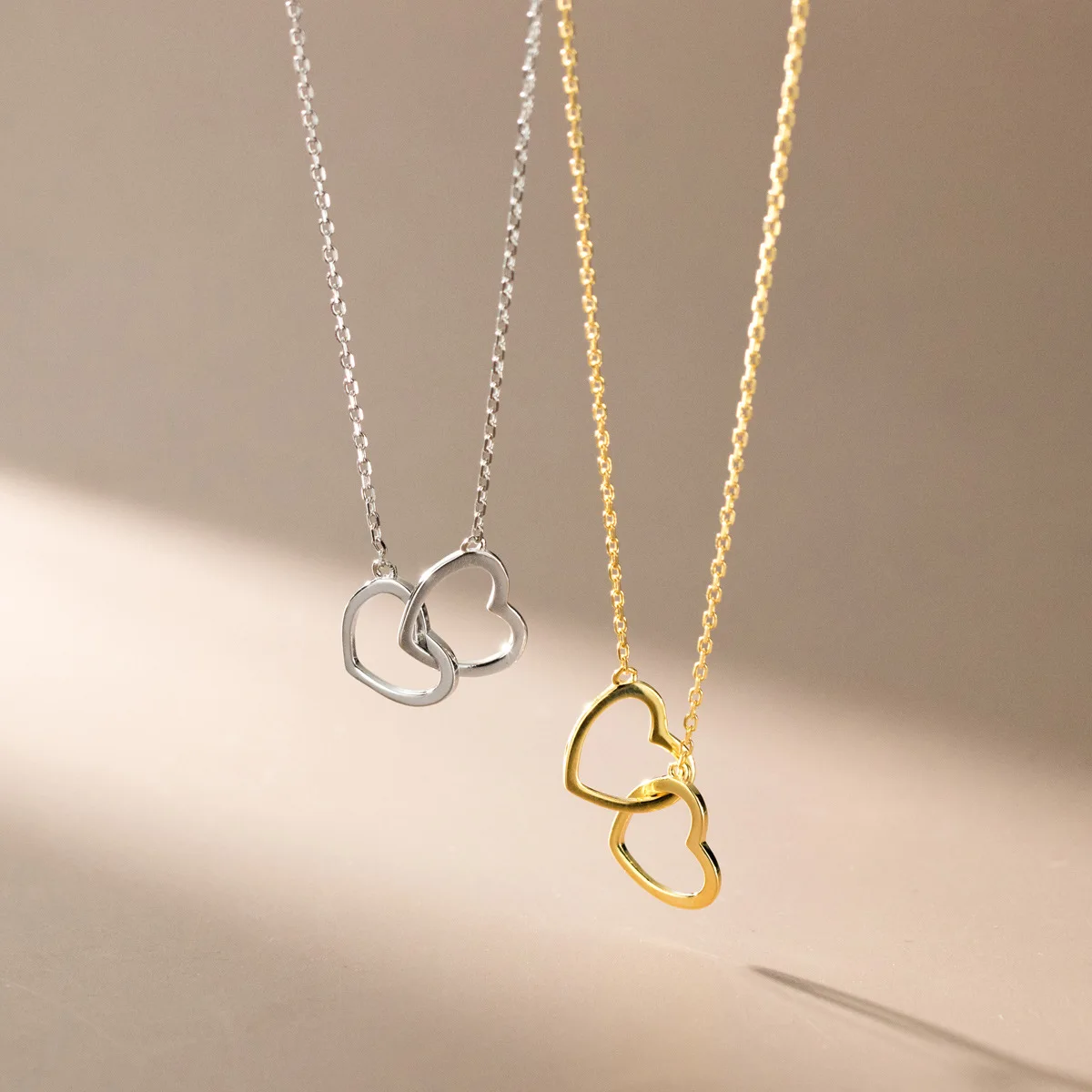 

fashion 925 sterling silver necklace simple hollow two double love hearts gold plated necklaces women Valentine's Day gifts