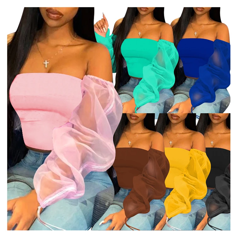 

Wholesale Ladies Solid Color Off Shoulder Mesh See Through Sexy Casual Women Tops Shirt And Blouse Fall Clothing For Women