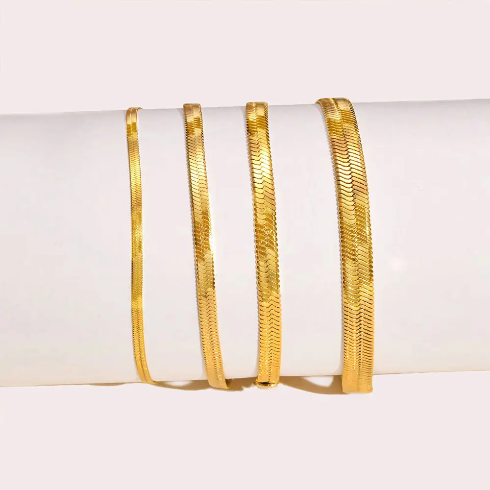 High End PVD 18K Gold Plated Shinny Waterproof Tarnish Free Herringbone Snake Basic Stainless Steel Bracelet