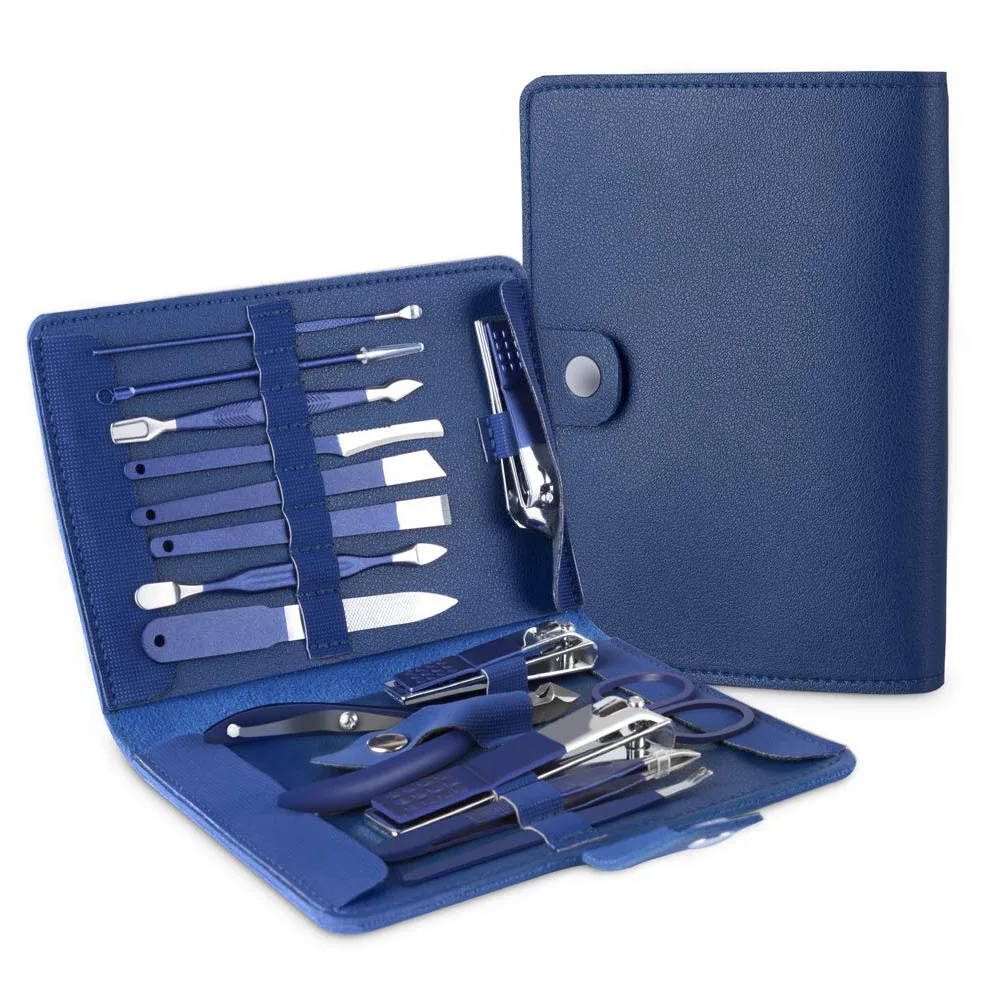 

Wholesales stainless steel manicure set nail nlippers Kit 15 in 1 grooming kit Pedicure Set With Beard scissors for lady, Blue or custom