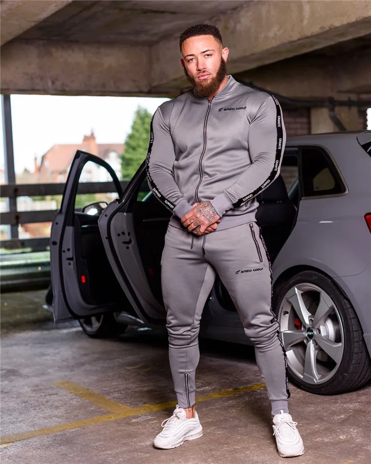 

New Fashion Zipper Fleece Tight Sport Gym Fitness Jogger Suit Tracksuit Mens sweatsuit Sets