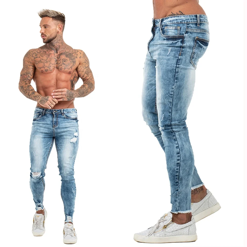 Wholesale 2020 Stonewashed Blue Distressed Strech skinny Denim Pants Men Jeans From