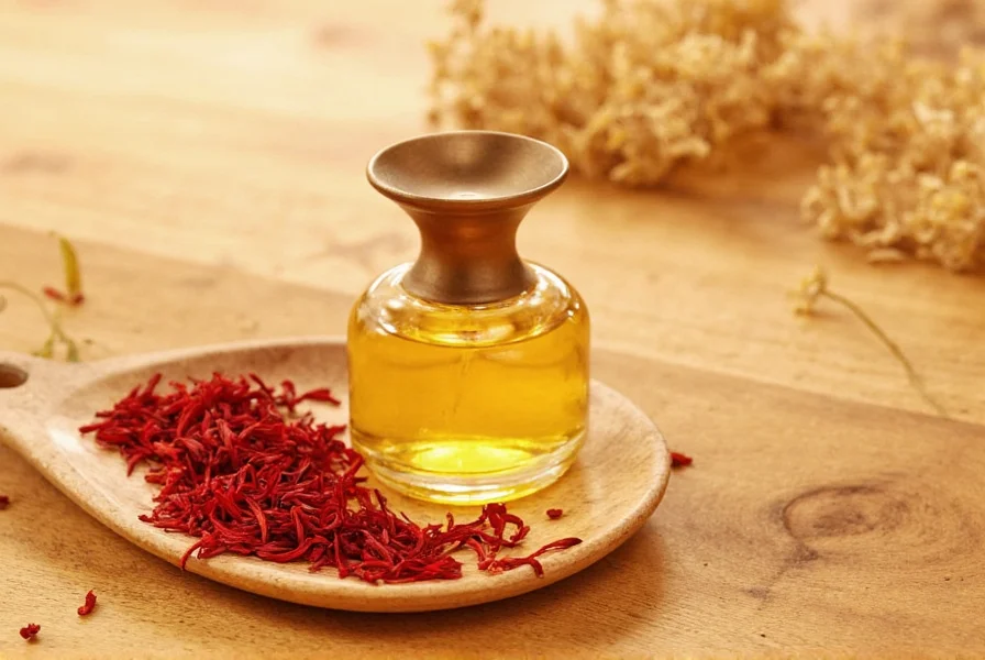 Close-up photograph of saffron threads against a dark background, showing their distinctive red-orange color and delicate structure, with golden stigmas visible