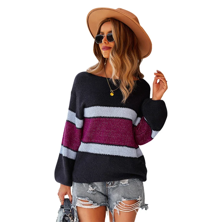 

2021 winter Crew Neck Striped Lantern Sleeve Pullovers mujer de tejidas chompas