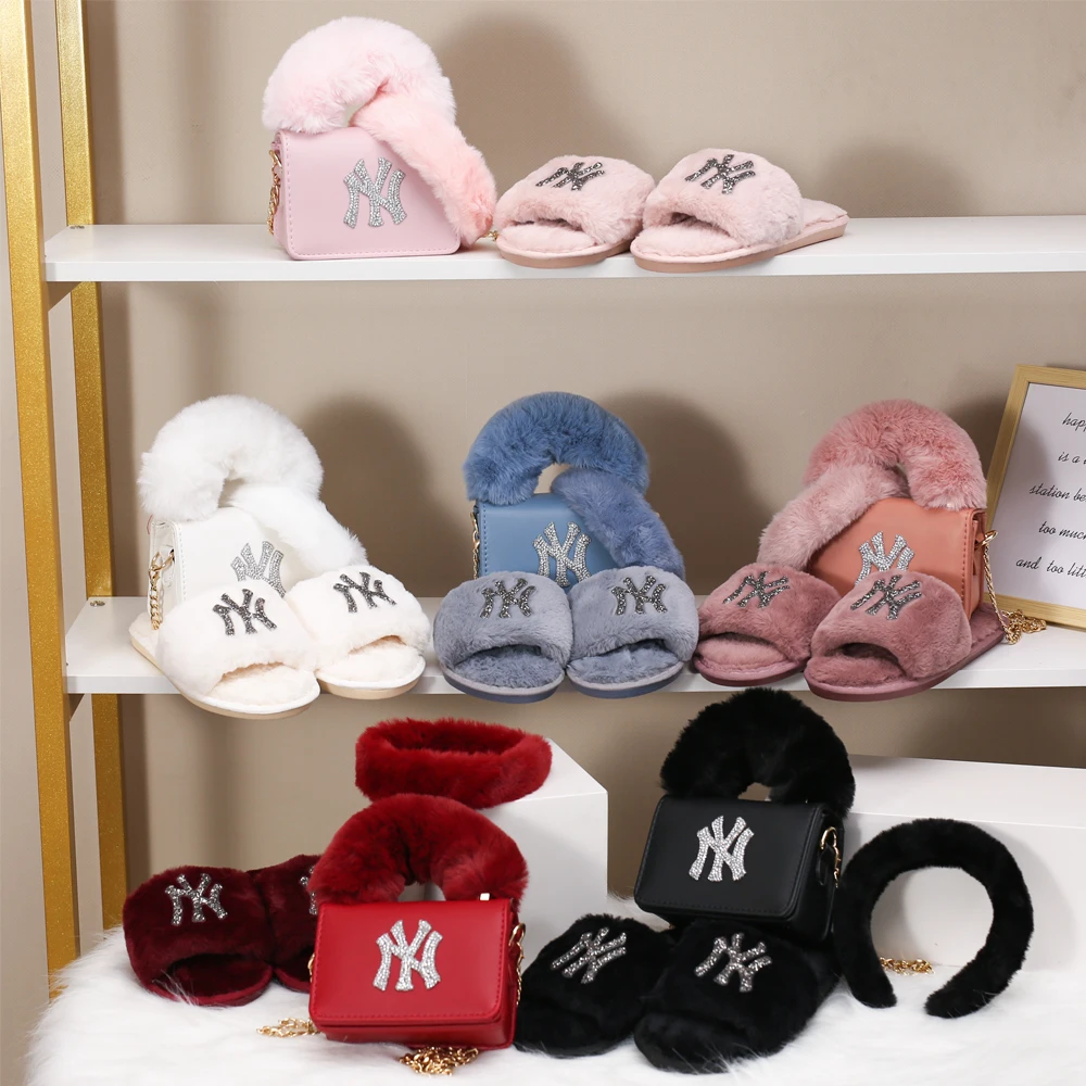 

New Arrivals Furry Hair Accessories Fur Slippers and Purses Set Hand Bags Ladies 2021 Handbags for Women Purses, Customizable