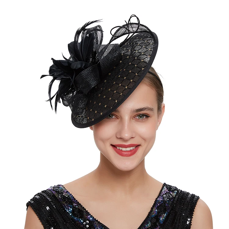 

Factory Direct Black Feather Hair Band's Hair Ties Fascinator Kentucky Derby Hat Clip Sinamay Lace Hairnet Best Gift for Ladies