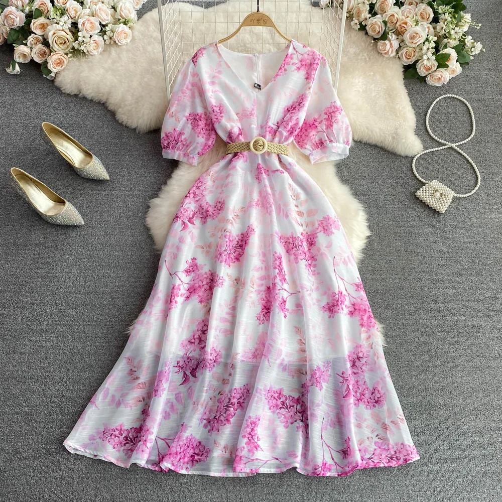 Summer V-Neck Bubble Short-Sleeved Waisted Printed A-Line Chiffon Elegant Dresses