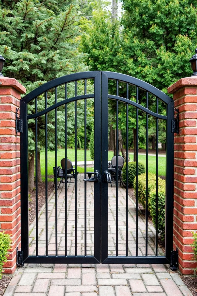 Iron gate decorated with hanging plants and string lights