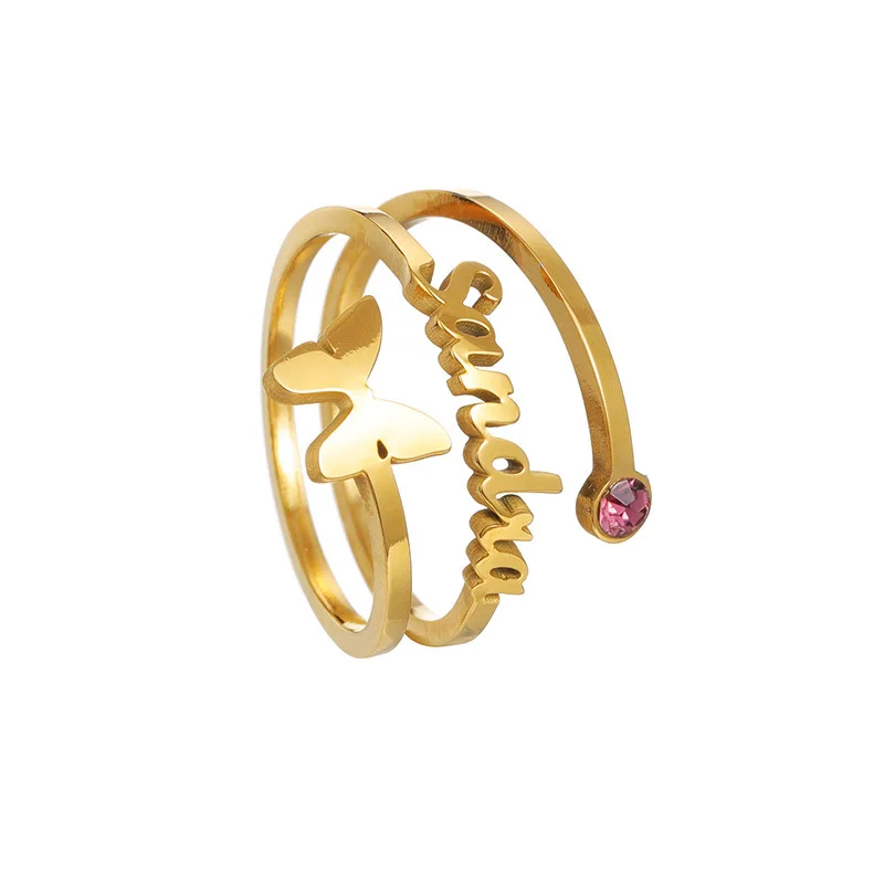 Qiuhan Three Layers Stainless Steel 18K Gold Butterfly 12 Month Birthstone Ring Personalized Name Birthstone Ring
