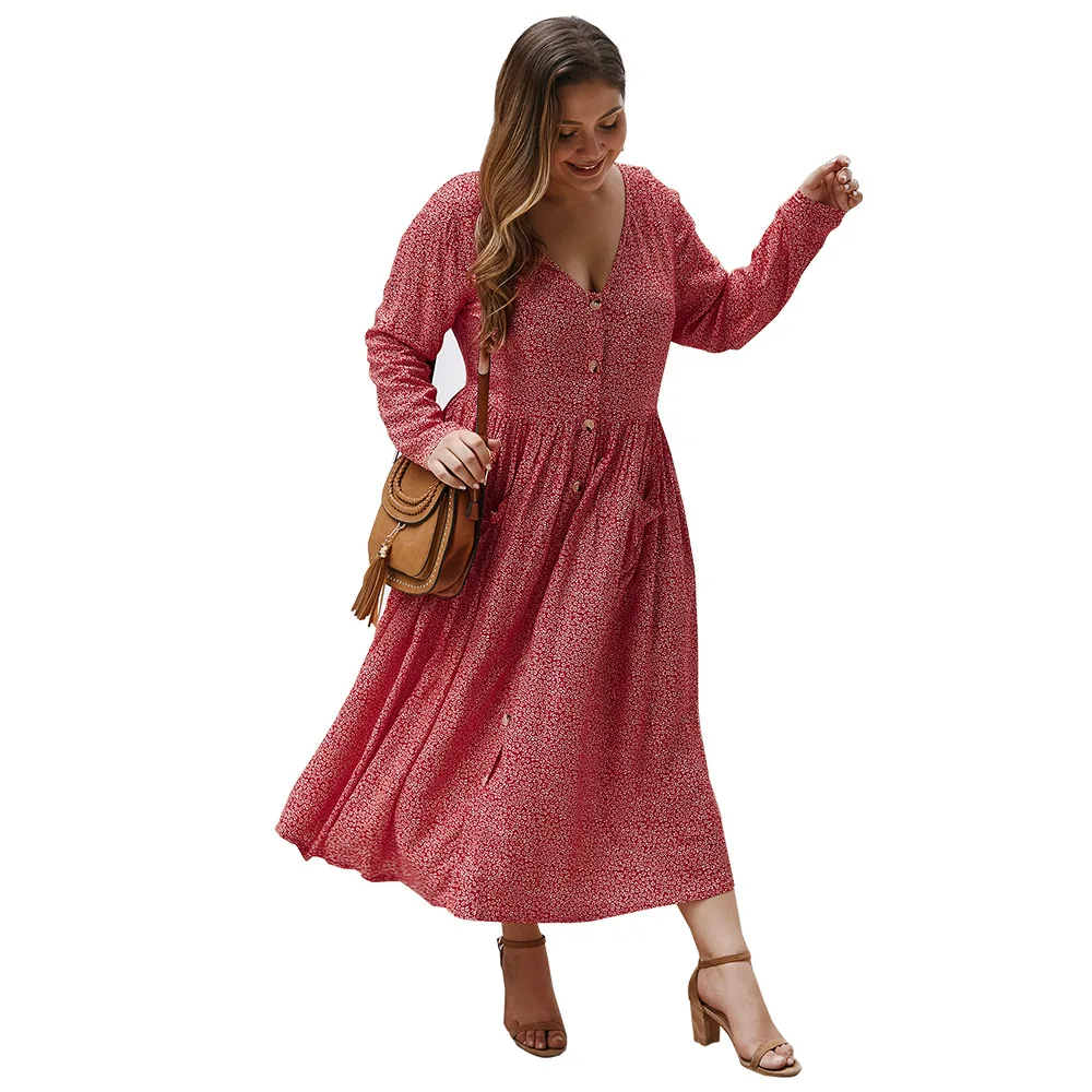 

Ditsy Print Button Up Boho V Neck Fat Woman Floral Long Sleeve Maxi Dress XXXL, Customized