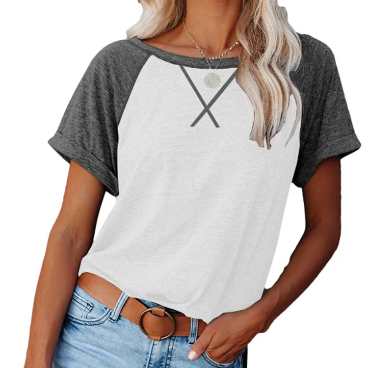 

Wholesale Summer Fashion Casual Solid Color Cotton Patchwork Short Sleeve O Neck Ladies' Tee Shirt Women's Blouses & Shirts, Picture