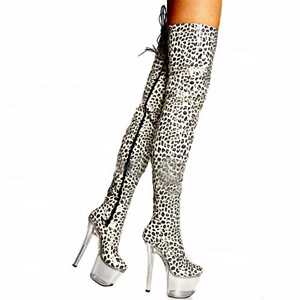 

Super high heels fine heel waterproof table sexy nightclub leopard print 20cm hate sky high knee boots steel pipe dance shoes bi