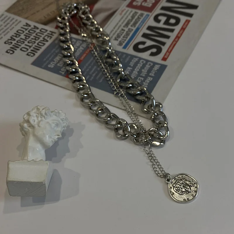 

JuHu Ins Hip Hop Clavicle Chain Net Red Tide Double Thick Chain Coin Pendant Necklace, A108