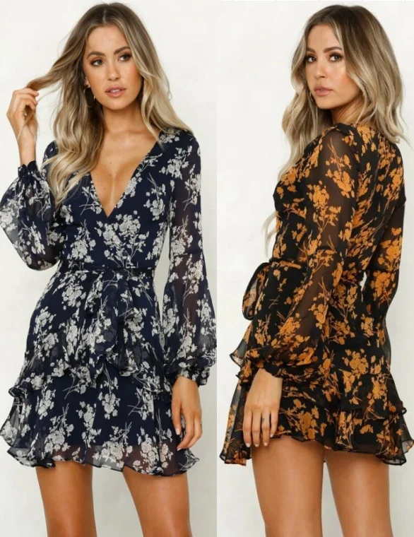 

YINJ Vintage Girl Sweet Sexi Holiday Sea Beach Style V Neck Long Sleeve Floral Decoration Ruffles Short Women Mini Dresses, Picture color