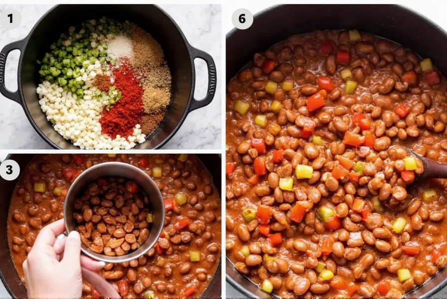 Step-by-step preparation of chili using Bush's Chili Beans with fresh vegetables and spices in a cast iron pot